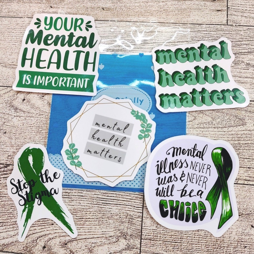 Stop the Stigma Green Ribbon Quotes Mental Health Awareness Stickers 5pcs Bundle